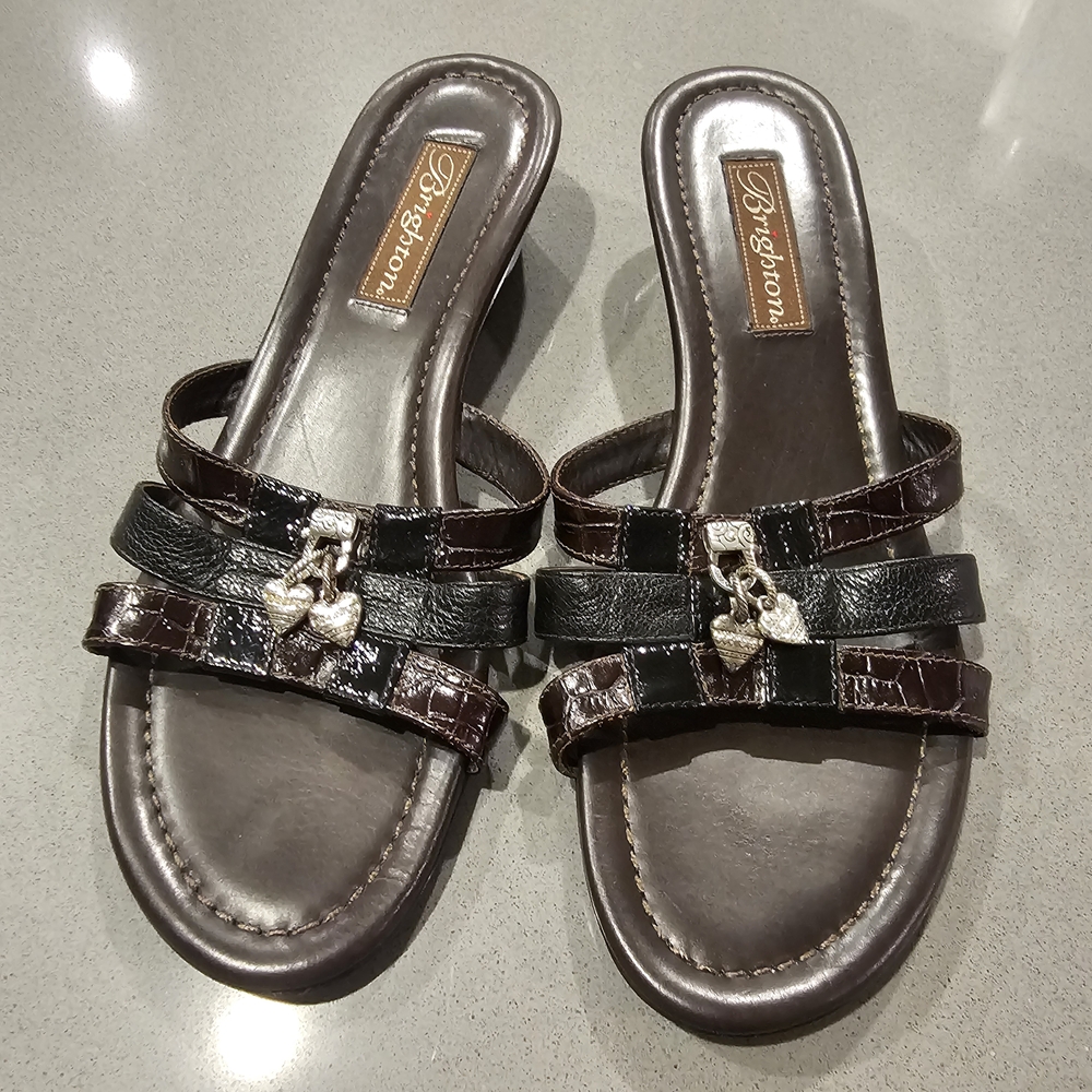 Brighton Lucky Black and Brown Wedge Sandals W/ Interchangeable Charms EUC
